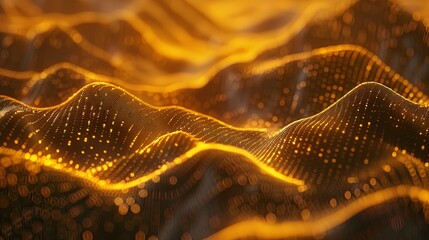 Abstract cyber technology visualization with floating digital particles, waveforms, and abyssal depth in a de-focused futuristic background