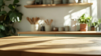 Bright and inviting kitchen workspace with natural light illuminating wooden countertop and greenery