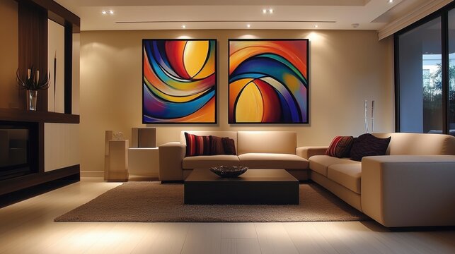 Sal&oacute;n de una casa moderna con cuadros abstractos colgando en las paredes
