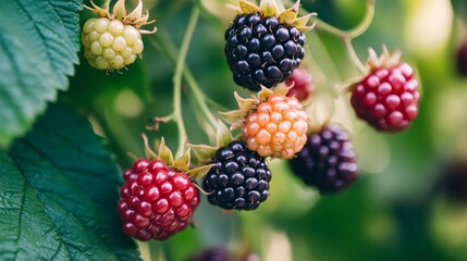 Close up of a group showcasing both ripe and unripe blackberries on a bush, highlighting the rich texture and vibrant colors of blackberries in various stages of ripeness.