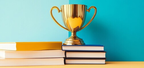 A golden trophy, background, banner atop a stack of colorful books, symbolizing achievement in education.