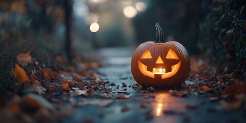 Carved pumpkin or jack o lantern featuring a candle inside, positioned along a path. This shallow depth of field image highlights the intricate details of the carved pumpkin or jack o lantern.
