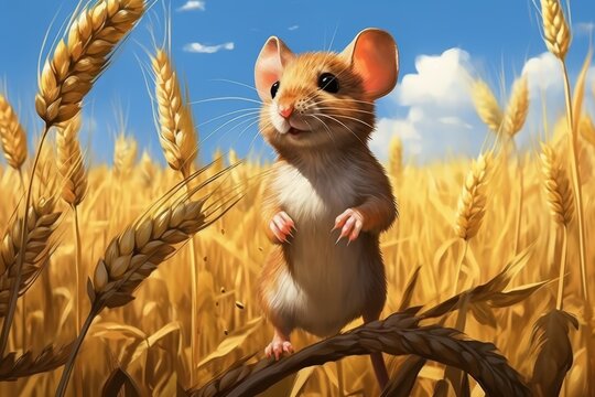 Charming 3d illustration of a cute hamster exploring a vast golden wheat field under clear skies