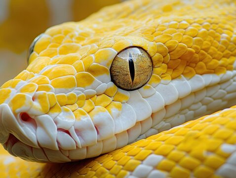  Close-up of a yellow and white snake's head with its eye open.