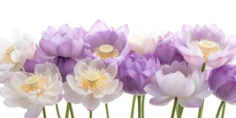 Obraz premium Lilac and white lotus flower bouquet isolated against a white background, featuring a stunning mix of lilac hues. This lilac bouquet showcases the elegance of lotus flowers beautifully.