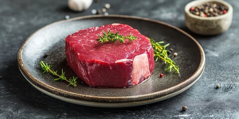 Fresh raw fillet steak beef meat arranged elegantly on a plate, highlighting the quality and tenderness of beef meat, perfect for culinary presentations or food related themes.