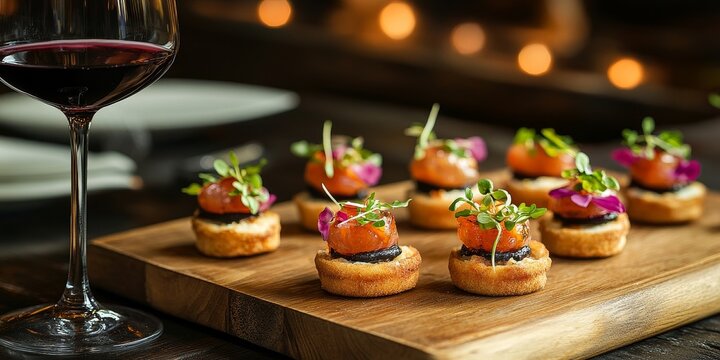 Elegant canapes paired with fine wine create a delightful dining experience in a restaurant setting, highlighting the exquisite combination of canapes and wine for culinary enjoyment.