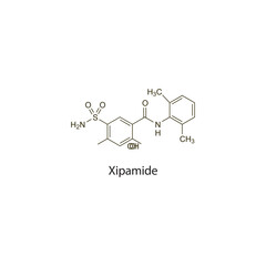 Xipamide flat skeletal molecular structure Thiazide diuretic drug used in hypertension, heart failure treatment. Vector illustration scientific diagram.