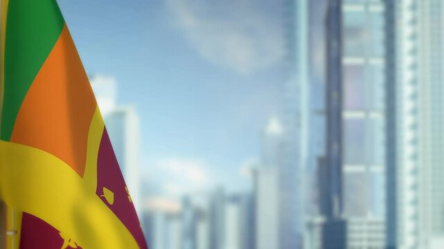 hanging Sri Lanka flag on city background with blue sky