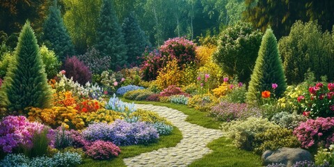 Vibrant summer garden showcasing a variety of colorful flowers and lush coniferous trees, creating a serene atmosphere in the heart of nature. Enjoy the beauty of a summer garden filled with life.