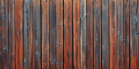 Naklejka premium Rustic wooden slats create a unique texture for home exterior walls or cabins, featuring rust colored horizontal slat designs that highlight the wood grain for an inviting background in vertical