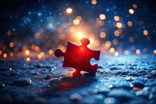 Dark night.  A single red puzzle piece falls, bathed in dramatic light, a cryptic enigma.