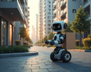 Smart Cities and Urban Robots: Delivery robot approaching a high-tech apartment complex. Generative AI