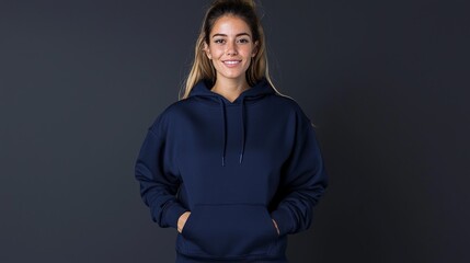 Smiling woman in navy blue hoodie.