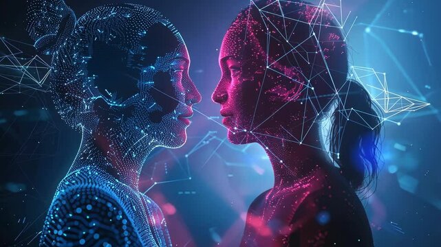 Polygonal female faces meeting in a virtual space representing technological advancement, artificial intelligence, and the future of human interaction