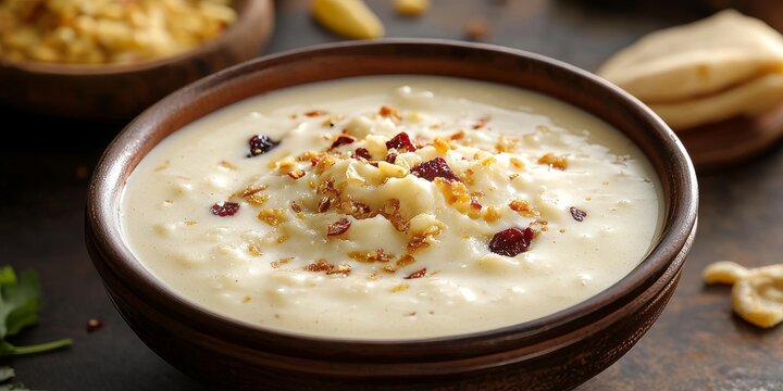 Indulge in the delightful sweetness of Rabdi, featuring Lachha Rabri or basundi, crafted from pure milk and topped with dry fruits. This Rabdi is beautifully presented in a bowl against a moody