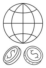 Earth globe and two dollar coins emphasizing international trade and finance concepts. Ideal for global economy, currency exchange, financial markets, business growth, investment, global business