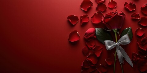 A top-view composition of a single red rose with a decorative bow on a vibrant red background. Great for romantic celebrations, gift cards, and festive advertisements.