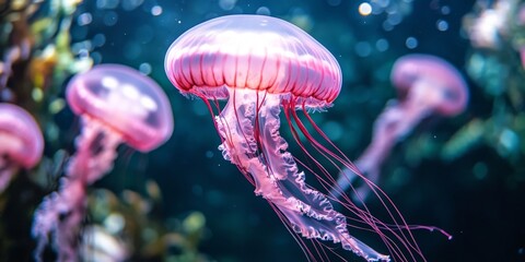 Obraz premium Vibrant pink jelly fish gracefully swimming in an aquarium, showcasing the beauty and elegance of jelly fish in their underwater habitat, captivating viewers with mesmerizing movements.