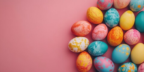 Fototapeta premium Colorful Easter eggs dyed naturally displayed on a pink background. This vibrant arrangement of colorful Easter eggs captures the essence of spring holiday celebrations and concepts.