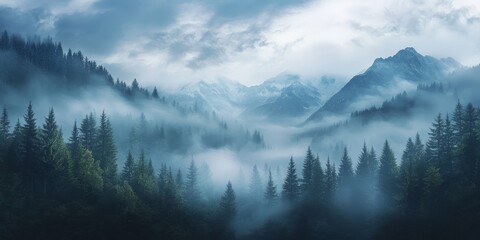 Mist covered and cloudy woods surrounded by mountains create a mystical atmosphere in the foggy landscape, showcasing the enchanting beauty of foggy nature and woodland scenery.