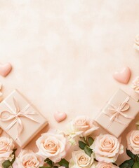 A dreamy scene of roses and heart-adorned gift boxes, set against a soft pink backdrop, radiating love and romance for Valentine's Day.