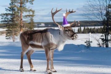 A deer stands in a snowy winter forest, wearing a festive Christmas cap, surrounded by snow-covered trees, creating a whimsical and seasonal holiday atmosphere.