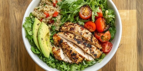 Nutritious salad bowl featuring quinoa, chicken, tomatoes, avocado, and mixed greens, showcasing a vibrant mix of health and freshness on a wooden surface, promoting food and health.