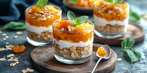 Delicious oats layered with a blend of spicy and sweet apricot jam, complemented by cream, create a perfect breakfast option. Enjoy this healthy food concept featuring oats for a nutritious start.