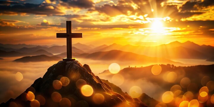 Good Friday's breathtaking sunset silhouettes a cross against a bokeh-filled mountain backdrop. - Powered by Adobe