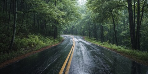 Obraz premium Wet forest road scene captures the essence of a rainy hike in the forest. The wet asphalt reflects the dreary weather, showcasing the challenges of hiking in the mountains during rainy conditions.