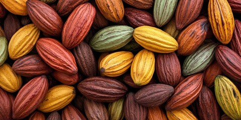 Fototapeta premium Aromatic cocoa beans create a rich and textured background, showcasing the unique qualities of cocoa beans and enhancing the visual appeal with their enticing aroma and vibrant colors.