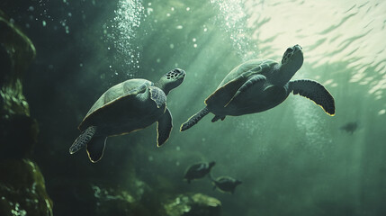 Obraz premium Underwater sea turtles swimming gracefully in serene ocean light
