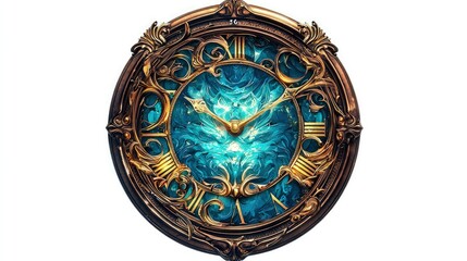Obraz premium An ornate fantasy clock with a carved bronze frame and a glowing turquoise face isolated on a white background.