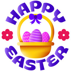 lettering happy easter with easter basket and flowers text