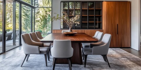 Fototapeta premium A contemporary dining area showcases a sizable dark wood cabinet along with a dining table, accompanied by six grey chairs resting on a grey carpet.