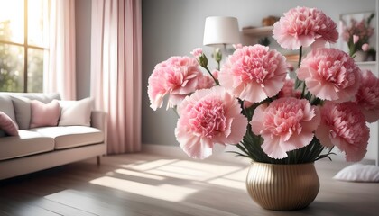 Pink Carnations in Gold Vase Home Decor Spring Flowers