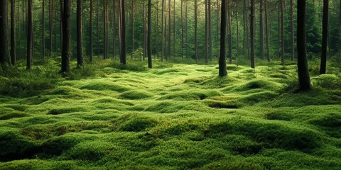 Experience the serene charm of a pine forest s edge, where vibrant green moss blankets the ground, creating a tranquil beauty that invites exploration and reflection within the peaceful pine forest.