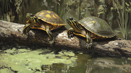 Fototapeta premium Resting turtles with yellow and green striped heads on log by water