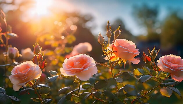 Sunset Peach Roses Romantic Garden Bloom Nature Photography
