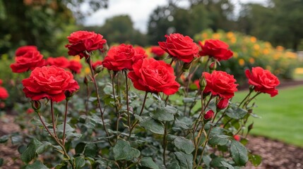 Vibrant red rose flowers showcase their blooming beauty in a serene garden setting, highlighting the enchanting allure of nature and the exquisite charm of red rose flowers.