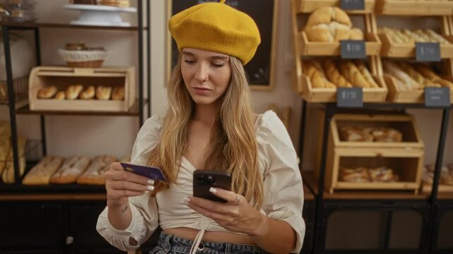 Young woman wearing yellow beret in bakery holding credit card and phone surrounded by shelves of bread showcasing modern lifestyle indoors - Powered by Adobe