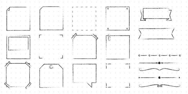 Set of Cute Hand drawn Doodle Banners and Ribbons isolated on white background for your Design. Bullet journal Ideas. Girly Stuff. Sticky Notes.