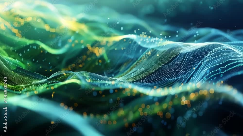 Poster abstract visualization of big data flowing like ocean waves with glowing particles and dynamic lines