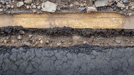 Asphalt road cross section showcasing repair and reconstruction work, illustrating layers of asphalt concrete, bitumen, soil, sand, rock, stone, ground, and earth in detail.