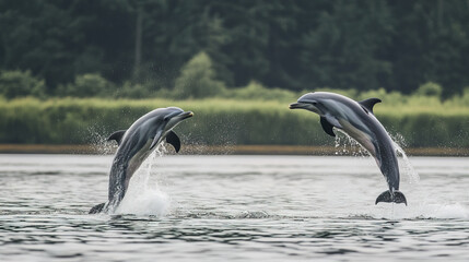 Obraz premium Dolphins jumping out of water together, showcasing their playful nature