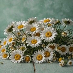 Fototapeta premium A fresh bouquet of daisies and chamomile with a soft green background.
