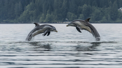 Obraz premium Dolphins jumping out of water together, showcasing their playful nature
