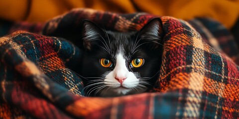 Magpie Cat cozily nestled in a plaid blanket, showcasing the charm and beauty of the magpie cat breed against the backdrop of a stylish plaid pattern in this delightful image.