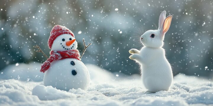 White rabbit and snowman in a winter scene. The white hare stands on its hind legs in the snow, creating a charming winter atmosphere with the snowman in the background.